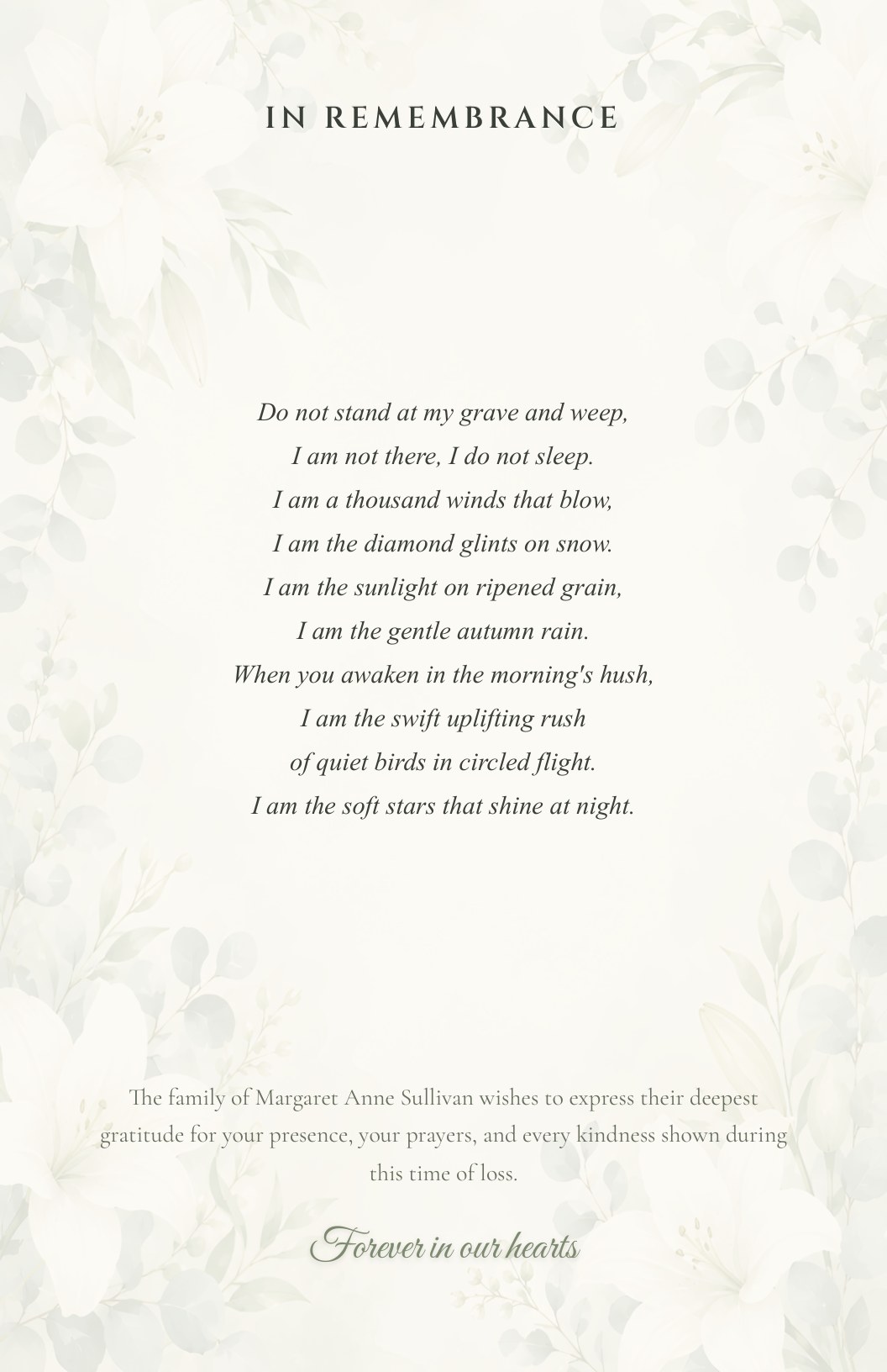 Back page with a memorial poem and the family's acknowledgment