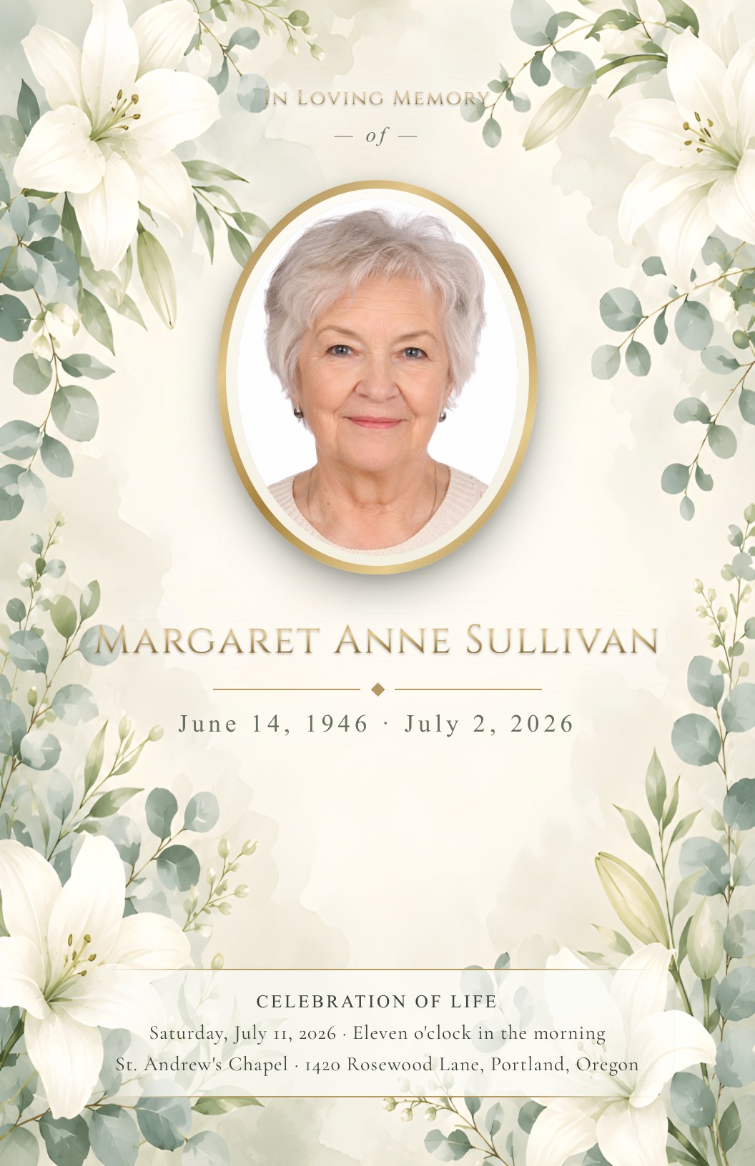 Funeral program cover — In Loving Memory, white lilies and eucalyptus with a gold-framed photo